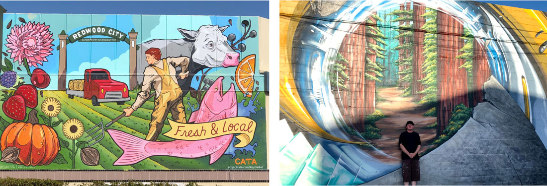 Art in Redwood City, CATA mural by artist Nick Sirotich and portal mural by artist GRIFFIN ONEon Mural Alley Way